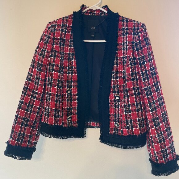 River Island Red Check Boucle 3/4 Sleeve Jacket - Picture 2 of 6